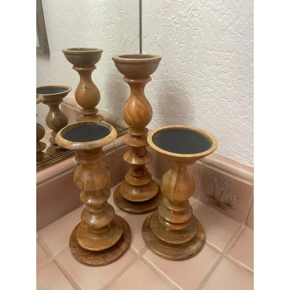 Set of three wood pottery barn candlesticks